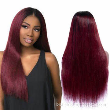 BIS Wholesale T1/99J Colored Straight Lace Front Wigs For Women with Burgundy Colored Brazilian Human Hair 4X4 Lace Closure Wigs